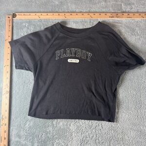 Playboy by PacSun Women's Medium Black Cropped Graphic Tee Raglan Short Sleeve